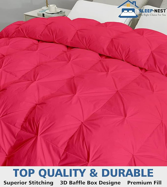 SLEEP-NEST All Season Luxury - Full Size Comforter 82x86 Down Alternative 1 Piece Pinch Pleat Quilt with 8 Tabs - 350 GSM, Ultra Soft, Lightweight Hotel Style Bedding, Pintuck Blanket - Hot Pink