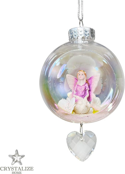 Purple Fairy Christmas Ornament - Handmade Shatterproof Decorations for Indoor Outdoor Xmas Tree - Clear Ball Ornaments with Magnetic Crystal - Great Gift or Stocking Stuffer for Mom, Sister, Friend