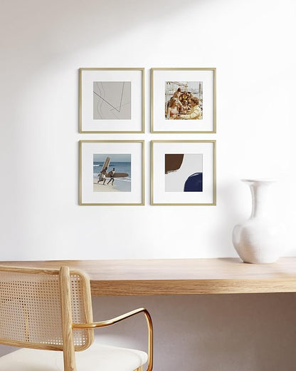 HAUS AND HUES 12x12 Gold Metal Picture Frames Matted to 8x8 - Features Premium Aluminum & Hanging Hardware, Shatterproof Plexiglass - Ideal for Home, Room, Office (12x12 in, Gold, Set of 4)