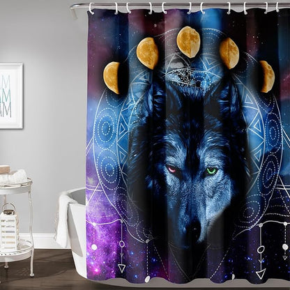 AILONEN Wolf Shower Curtain,Boho Moon Wolf Bath Curtain for Bathroom Decor,Galaxy Wolf Polyester Waterproof Whit 12 Plastic Hooks 72" W*96" H
