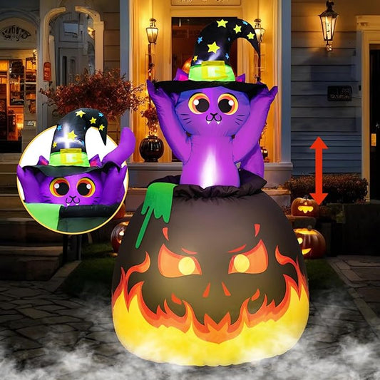 4.5FT Halloween Inflatables Cat, Automatic Pop up and Down Animated Witch Kitty in Fire Cauldron Blow up Halloween Cat Inflatable Built-in 4 LED for Halloween Decoration Outdoor Indoor