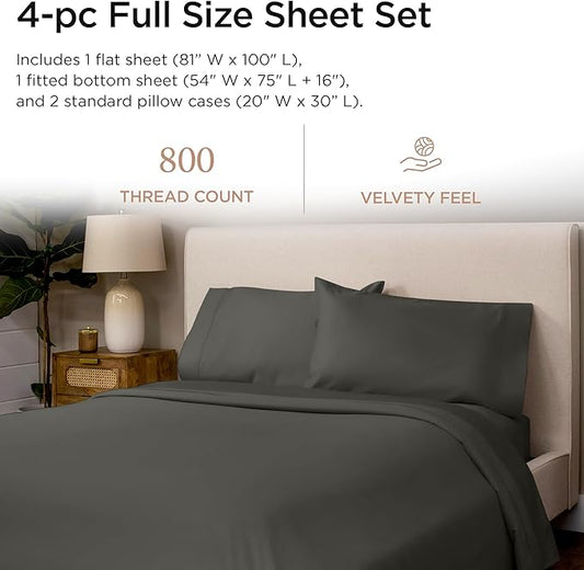 Threadmill Luxury 800 Thread Count Full Size 100% Cotton Sheets - Dark Grey Sateen Weave Bed-Sheets, Better Than Egyptian Cotton, 4 Pc Solid Bedding Set, Fits 16" Deep Pocket