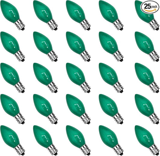 25 Pack C7 LED Replacement Christmas Light Bulb, C7 Green Replacemen Bulbs for Outdoor String Lights Window Candles Chandeliers Salt Lamp, E12 LED Bulb Dimmable, 0.6W Night Light Bulb -Green