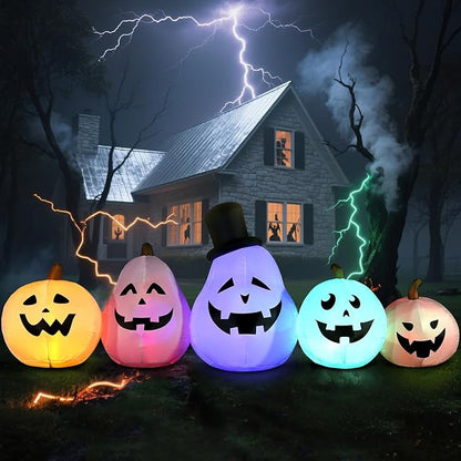 DomKom 8 FT Long Halloween Inflatable White Pumpkin Built in Colorful LED Lights, Holiday Blow up Yard Decoration for Halloween Party Outdoor, Garden Yard Lawn Decor