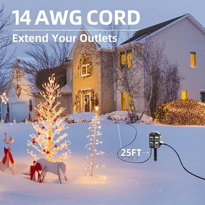 Outdoor Power Strip Weatherproof, 25 FT Extension Cord with Stake, 6 Grounded Outlets for Halloween Decorations and Inflatables, 15A/1875W, ETL Listed