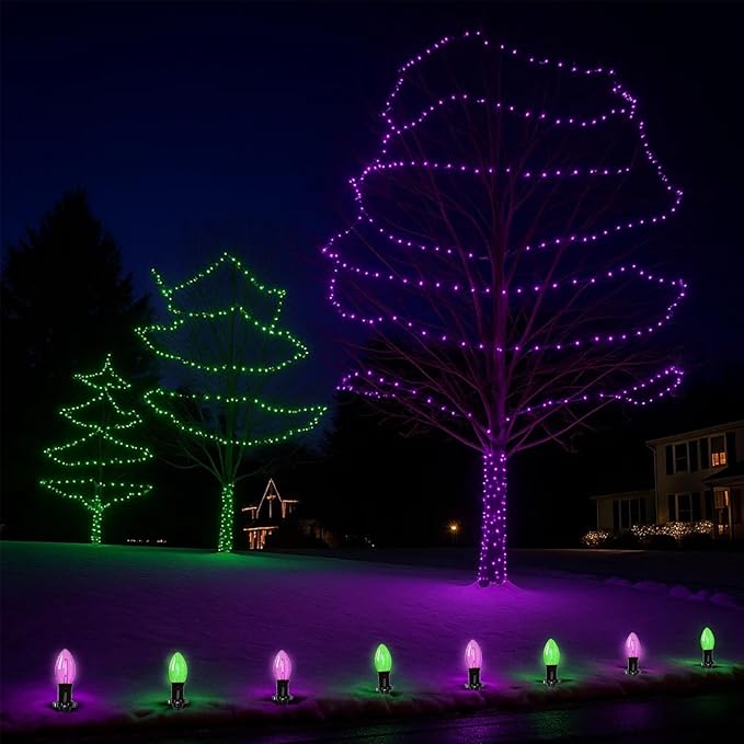 Halloween Stake Lights, 10PK C9 LED Pathway Lights with Purple & Green Bulbs, 19.5ft Outdoor Walkway Lights, Waterproof, Extendable Yard, Driveway, Porch & Garden Halloween Decorations