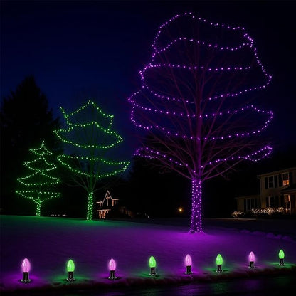 Halloween Stake Lights, 10PK C9 LED Pathway Lights with Purple & Green Bulbs, 19.5ft Outdoor Walkway Lights, Waterproof, Extendable Yard, Driveway, Porch & Garden Halloween Decorations