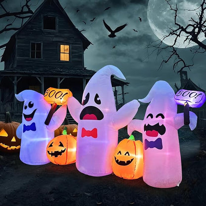 8FT Long Halloween Inflatable Ghosts and Pumpkins, 3 Blow Up Ghosts Inflatables with 2 Pumpkin Built-in LED Lights for Halloween Party Yard Garden Lawn Decorations
