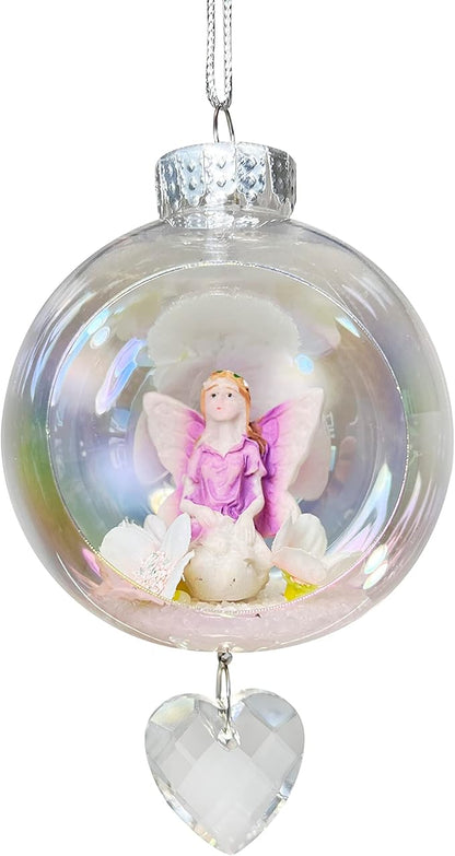 Purple Fairy Christmas Ornament - Handmade Shatterproof Decorations for Indoor Outdoor Xmas Tree - Clear Ball Ornaments with Magnetic Crystal - Great Gift or Stocking Stuffer for Mom, Sister, Friend
