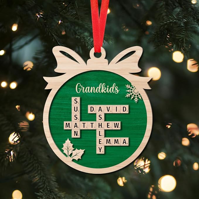 Personalized Wooden Crossword Art, Custom Grandkids Ornament, Custom Christmas Tree Ornament