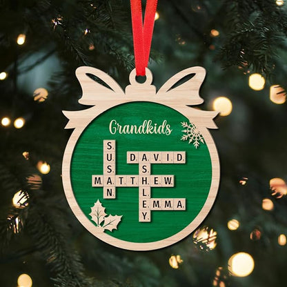 Personalized Wooden Crossword Art, Custom Grandkids Ornament, Custom Christmas Tree Ornament