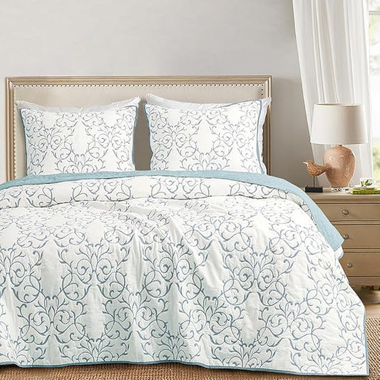 mixinni Quilt Light Blue Queen Size Reversible 3-Piece Embroidery Pattern Elegant Queen Size Bedspread Set,(1 Quilt,2 Pillow Shams)