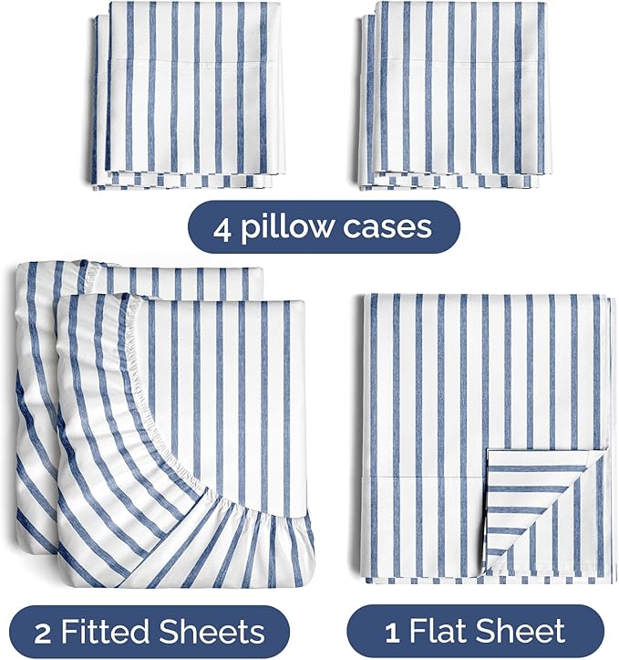 CGK Linens Split King 7 Piece Sheet Set - Cooling Sheets for Hot Sleepers - Hotel Luxury Bedding Set w/ 8-16 Inch Deep Pockets - 1 Flat & 2 Fitted & 4 Pillowcases - Soft & Wrinkle Free - Beige Stripes