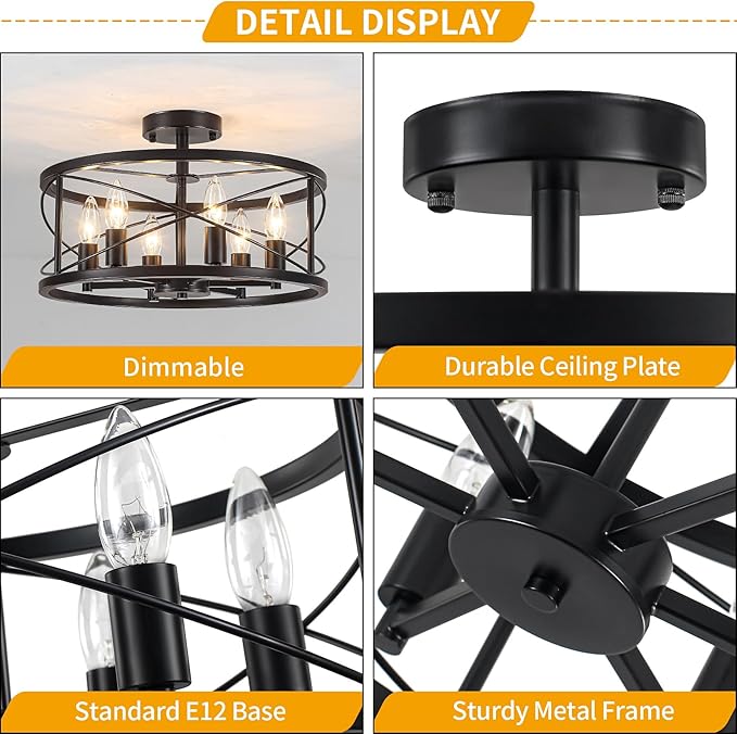 6-Light Black Semi Flush Mount Ceiling Light, 16.93'' Modern Farmhouse Close to Ceiling Light Fixtures, Ceiling Lamp for Hallway Entryway Kitchen Dining Room Living Room Bedroom Lights, UL Listed