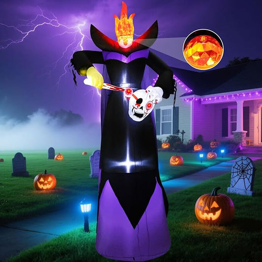 12FT Halloween Inflatables Giant Headless Reaper Ghost Outdoor Decorations with Flame Light Scary Flashing LED Lights Halloween Blow Up Yard Decorations for Party Garden Lawn Decor