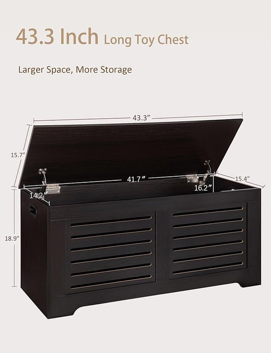 DINZI LVJ Storage Chest, 43.3” Wooden Toy Box with 2 Safety Hinges, Retro Entryway Shoe Storage Bench with Flip-Top, Sturdy Large Storage Trunk for Living Room, Bedroom, Easy Assembly, Espresso
