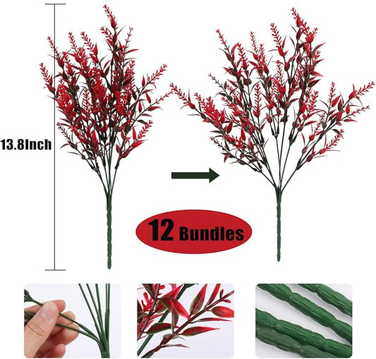 RECUTMS 12 Bundles Artificial Flowers Outdoor Fake Flowers for Decoration UV Resistant No Fade Faux Plastic Plants Garden Porch Window Box Décor, Flores Artificiales para Decoracion(Red)