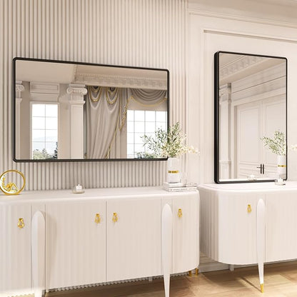 New Upgrade 28X36 Inch Wall Mounted Bathroom Mirror, Black Metal Frame Rounded Rectangle Mirror, Bathroom Vanity Mirror with Tempered Glass for Washroom Bedroom Living Room