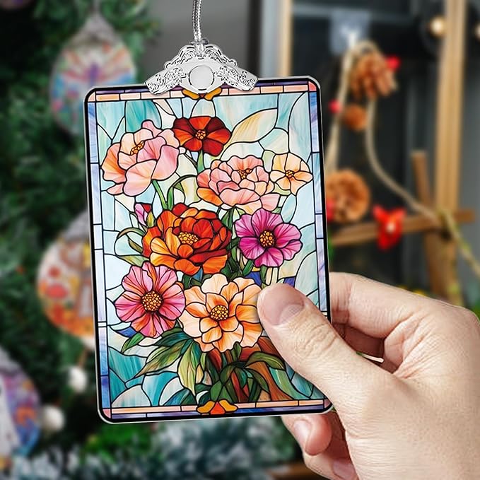Floral Stained Glass Ornament, 2025 Christmas Tree Hanging Decoration for Gift Exchange or Stocking Stuffer, Holiday Bloom Decor, 3.8 x 2.4 Inch