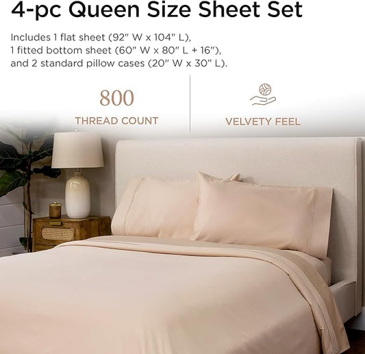 Threadmill Luxury 800 Thread Count Queen 100% Cotton Sheets - Light Beige Sateen Weave Bed-Sheets, Better Than Egyptian Cotton,4 Pc Solid Soft Bedding Set, Fits 16" Deep Pocket
