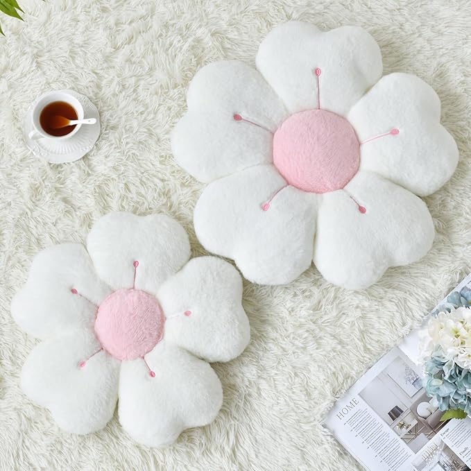 Flower Pillow, Flower Shaped Pillow Decorative Throw Pillows for Bed Couch, Cute Daisy Pillow Dorm Decor Floor Seating Cushion (White, 19.6 Inches)