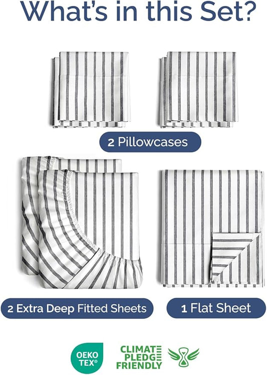 Extra Deep Split King Sheet Set - 7 Piece Breathable & Cooling Sheets - Hotel Luxury Bed Sheets Set - Easy Fit - Soft, Wrinkle Free & Comfy Sheets Set - Grey Striped Sheet Set w/Extra Deep Pockets