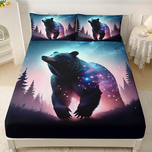 AILONEN Bear Fitted Sheet Set Twin Size, Evening Starry Sky Forest Bear Bed Sheet Set Decor,Animal Bear Wildlife Fitted Sheet and 2 Pillowcases,3 Pieces