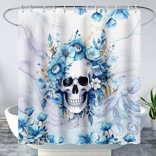 AILONEN Sugar Skull Blue Shower Curtain, Watercolor Floral Skull Octopus Printed Bath Curtain,Bathroom Waterproof Shower Curtain for Boys Girls 72" W x 72" H,with 12 Plastic Hooks