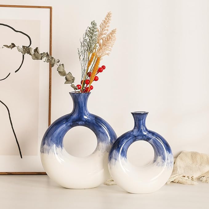 Ceramic Donut Vase Set of 2 - Blue and White Circle Decorative Vases for Home Decor, Centerpieces, Boho Pampas, Office, Wedding, Dinner Table, Living Room - Modern Flower Design