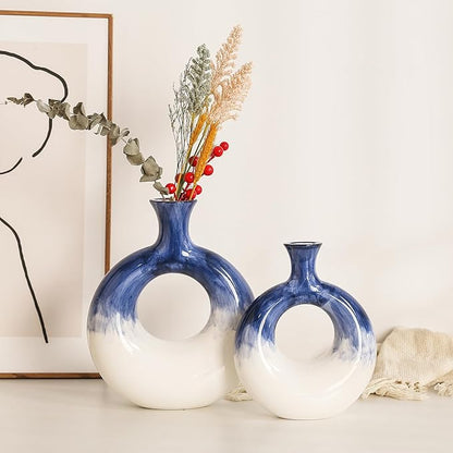 Ceramic Donut Vase Set of 2 - Blue and White Circle Decorative Vases for Home Decor, Centerpieces, Boho Pampas, Office, Wedding, Dinner Table, Living Room - Modern Flower Design