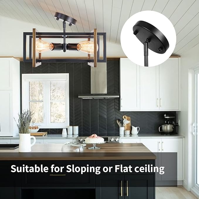 Industrial Flush Mount Ceiling Light Fixture, 4-Light Modern Metal Square Farmhouse Black Retro Close to Ceiling Lights Sloped Chandelier Lighting for Bedroom Hallway Living Room Kitchen Foyer