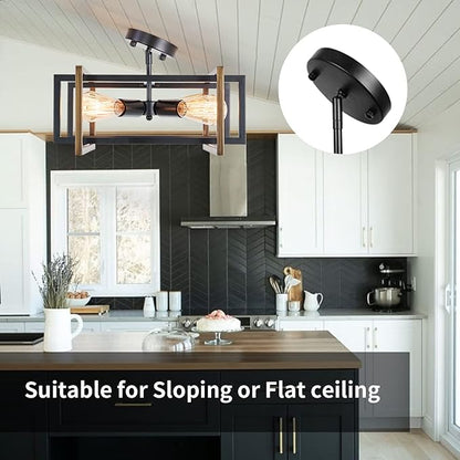 Industrial Flush Mount Ceiling Light Fixture, 4-Light Modern Metal Square Farmhouse Black Retro Close to Ceiling Lights Sloped Chandelier Lighting for Bedroom Hallway Living Room Kitchen Foyer
