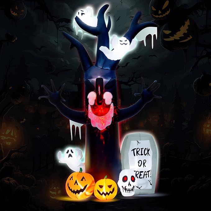 8FT Halloween Inflatables Decorations - Blow Up Yard Devil's Tree with Ghost, Pumpkin, Skull and Tombstone with Build-in LED & Flame Light for Halloween Party Garden Lawn Indoor Outdoor Decor