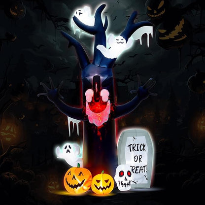 8FT Halloween Inflatables Decorations - Blow Up Yard Devil's Tree with Ghost, Pumpkin, Skull and Tombstone with Build-in LED & Flame Light for Halloween Party Garden Lawn Indoor Outdoor Decor