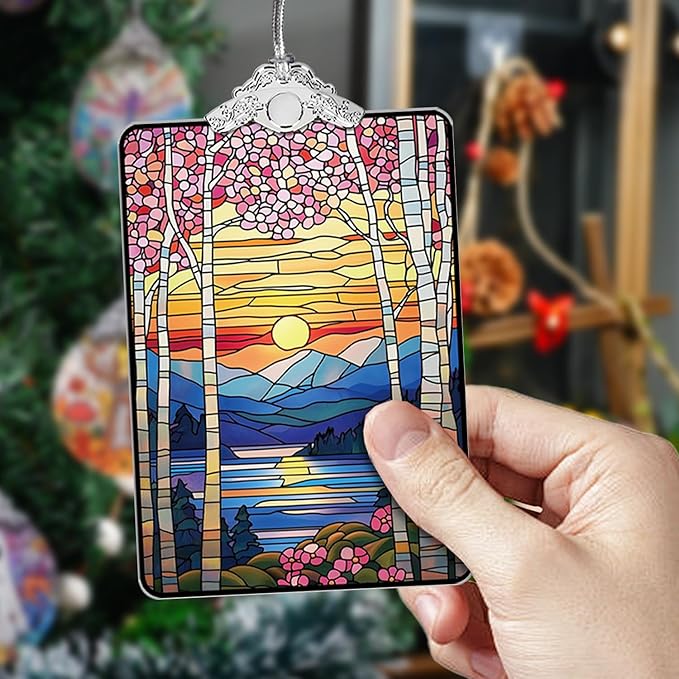 Sunset Landscape Stained Glass 2025 Christmas Ornament, Nature Scene Hanging Decoration for Christmas Tree, Gift Exchange or Stocking Stuffer, 3.8 x 2.4 Inch