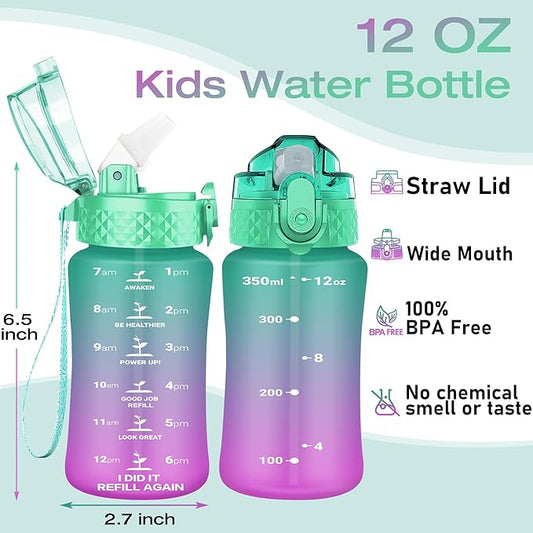 OLDLEY Kids Water Bottle for School, 12 oz (Straw Lid) BPA-Free Reusable Leak-proof Durable Tritan Plastic Water Bottles with One-handed Opening Straw Lids, Anti-dust Spout Cover (Green-Purple)