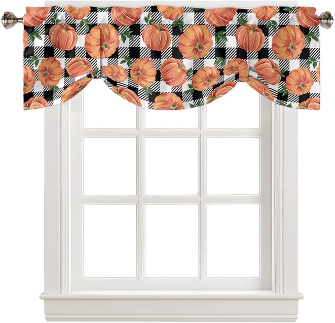 Fall Blackout Tie Up Valance Curtains for Kitchen Windows Thanksgiving Halloween Pumpkins Window Toppers Balloon Shades for Living Room/Bathroom/Bedroom,60" X 18" Farmhouse Black White Buffalo Plaid