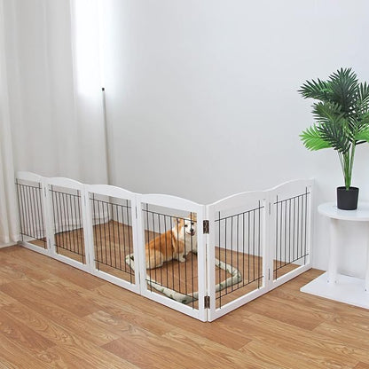 ZJSF Freestanding Foldable Dog Gate for House Extra Wide Wooden White Indoor Puppy Gate Stairs Dog Gates Doorways Tall Pet Gate 4 Panels Fence