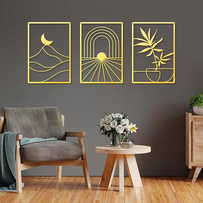 Sokurdeg Boho Metal Wall Art, Gold Minimalist Wall Decor, Bohemian Abstract Line Metal Art Wall Decor, Gold Boho Wall Art for Bedroom Bathroom Living Room (3 Pack, 12 x 17 in)