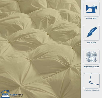 SLEEP-NEST Hotel Luxury King Comforter 102 x 90 - All Season Pintuck Bedding 1 Piece Down Alternative Pinch Pleat Comforter with 8 Corner Tabs - 350 GSM, Ultra Soft, Breathable Quilt - Desert Sand