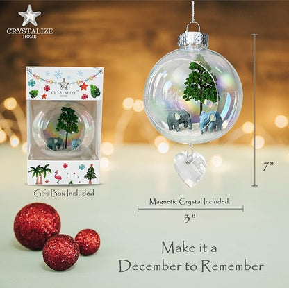 Elephants Christmas Ornament - Handmade Shatterproof Decorations for Indoor Outdoor Xmas Tree - Clear Ball Ornaments with Magnetic Crystal - Great Gift or Stocking Stuffer for Mom, Sister, Friend