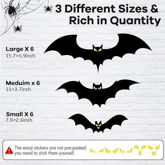 18 PCS Hanging Bats Halloween Decoration Outdoor Black Plastic Bats with Glowing Eyes Different Size Flying Bats Halloween Decor Hanging in The Tree, Porch, Yard, Lawn, Indoor