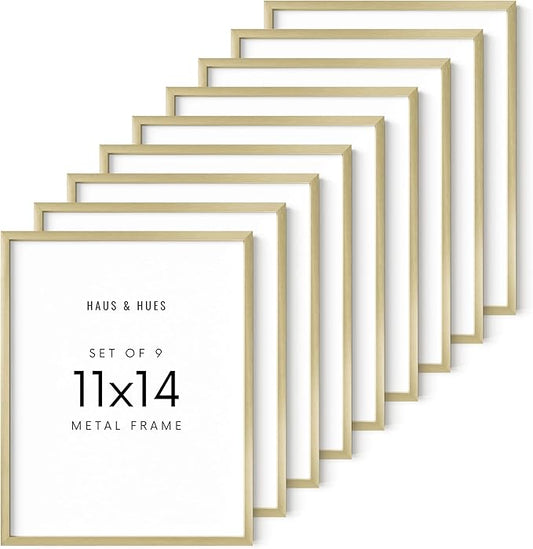 HAUS AND HUES 11x14 Gold Metal Picture Frames - Features Premium Aluminum, Vertical & Horizontal Hang, Shatterproof Plexiglass - Ideal for Home, Room, Office (11x14 in, Gold, Set of 9)