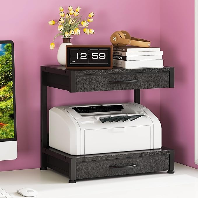 2-Tier Desktop Printer Stand with 2 Fabric Drawers, Prtiner Table with Storage Shelf, Desk Organizer for Home Office,3D Printer,Fax Machine,Scanner (Black, 2 Tier)
