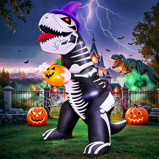 8 FT Halloween Inflatable Decoration, Built in LED Lights Blow Up Skeleton Dinosaur Holds a Pumpkin Decorations for Halloween Party, Indoor, Outdoor, Garden, Yard Lawn Décor