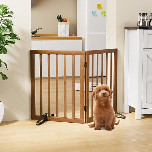 Walnut Dog Gates for Doorways, Foldable Dog Gate for Stairs, Bamboo Freestanding Pet Gate with 2 Support Feet, Puppy Fences Indoor