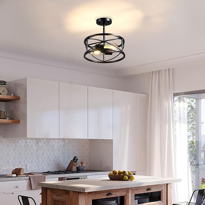Farmhouse Semi Flush Mount Ceiling Light Fixtures, 11.8“ 2-Light Black Industrial Sloped Ceiling Lighting with Metal Cage for Kitchen, Hallway, Entryway, Laundry Room, Bedroom, E26