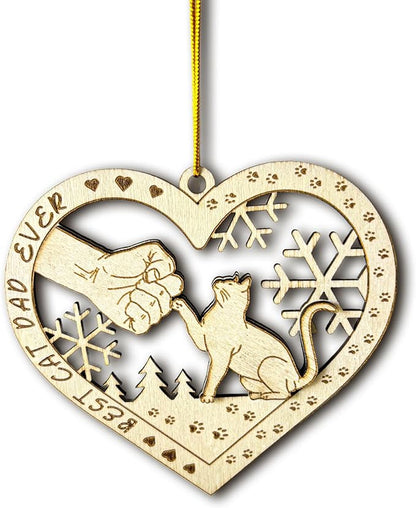 Best Cat Dad Ever Wooden Ornament - Cat & Dad Fist Bump Heart-Shaped Holiday Decoration - 2024 Kitten Christmas Ornament