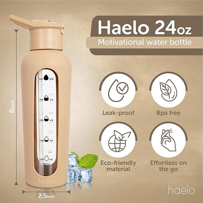24oz Glass Motivational Water Bottle with Flip Lid Straw, Silicone Protective Sleeve, Handle, Reusable BPA Free (Amber)