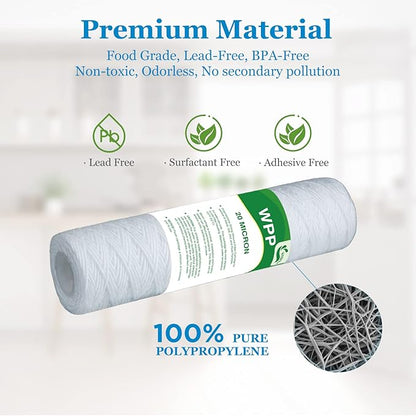 20 Micron String Wound Whole House Water Filter 10" x 2.5", 10-inch Universal Sediment Pre-Filters for Well Water, Replacement Cartridge for FXWSC, CW-F, CW-MF, 1SS, W5W, AO-WH-PRE-R2, 6-Pack